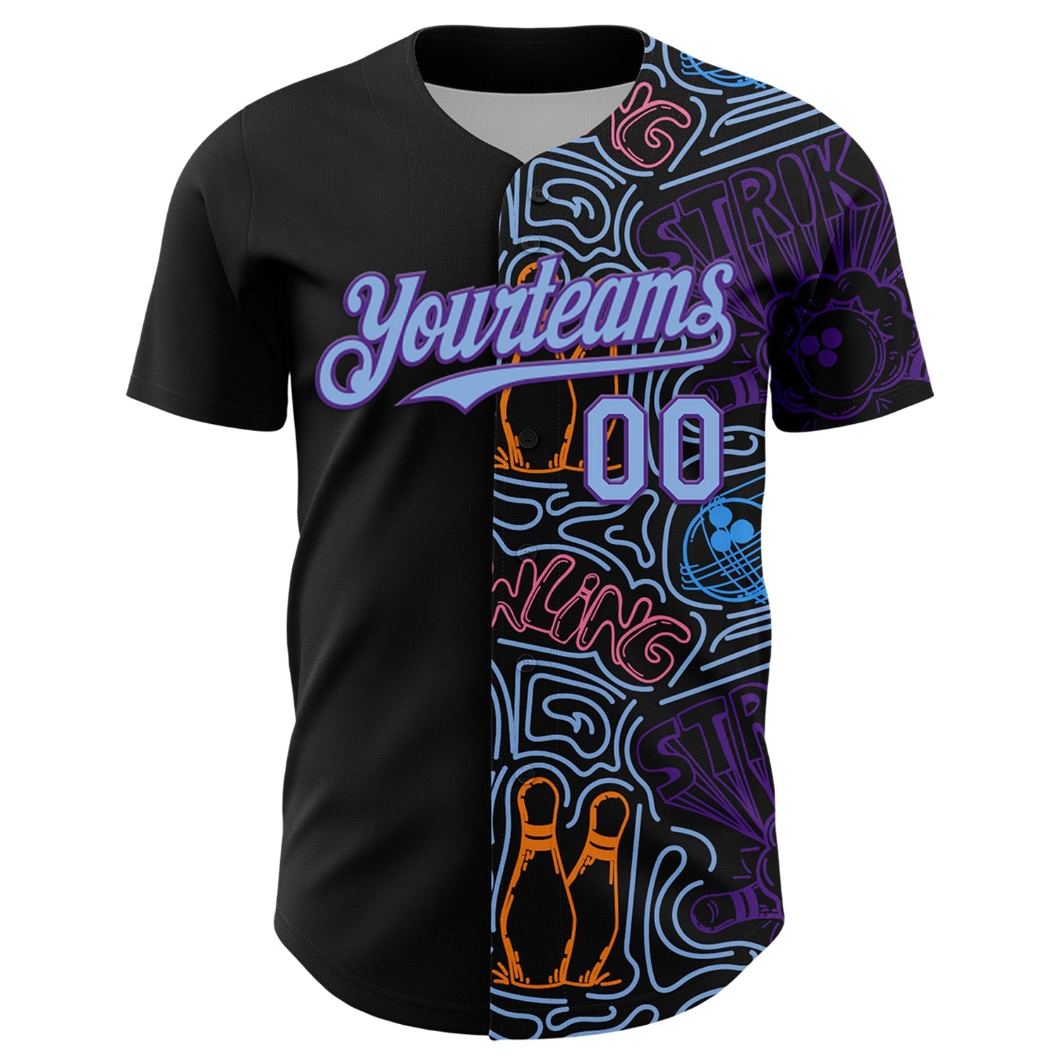 Custom Black Light Blue-Purple Bowling Doodle Split Authentic Baseball Jersey view 2