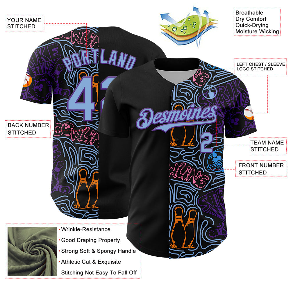 Custom Black Light Blue-Purple Bowling Doodle Split Authentic Baseball Jersey view 3