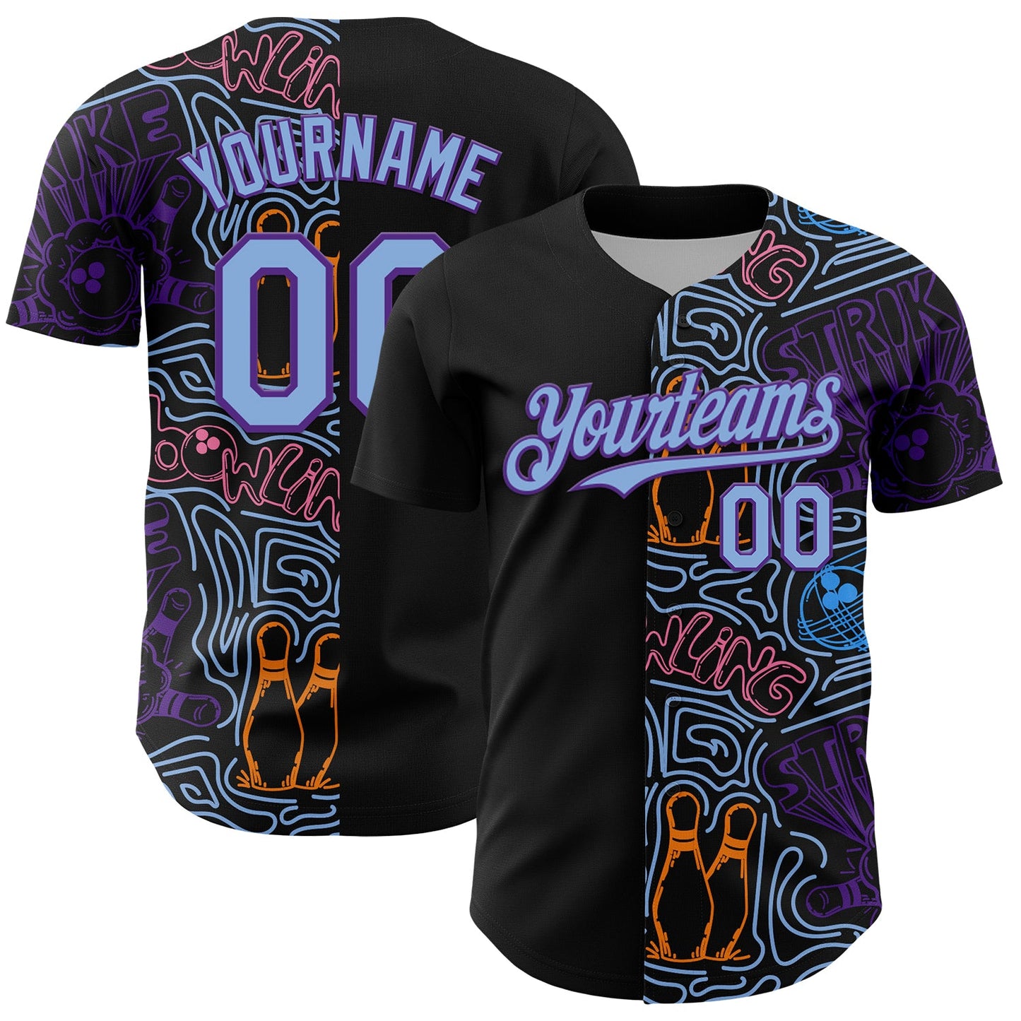 Custom Black Light Blue-Purple Bowling Doodle Split Authentic Baseball Jersey - Main View