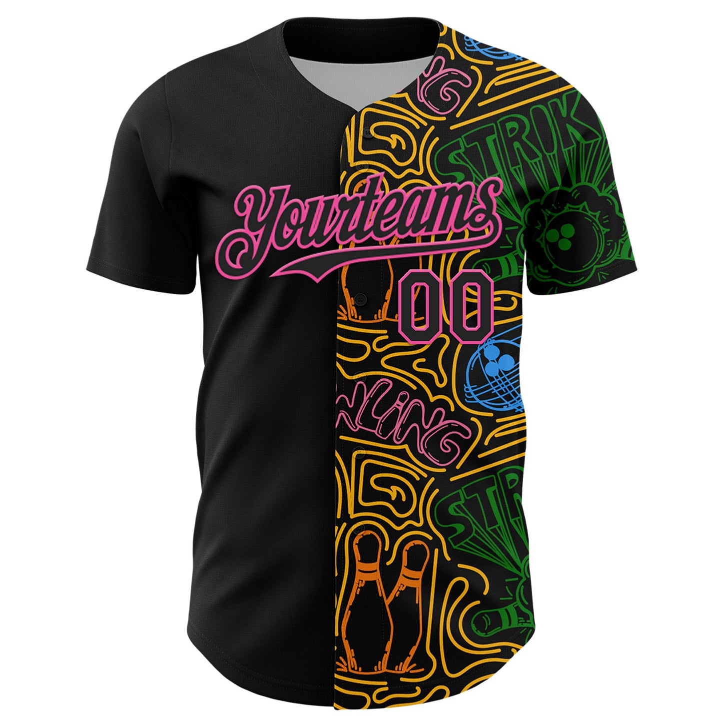 Custom Black Pink Grass Green-Gold Bowling Doodle Split Authentic Baseball Jersey view 2