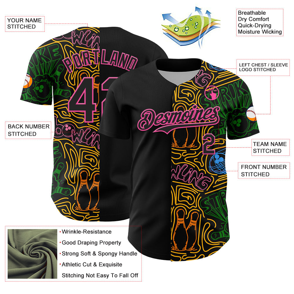Custom Black Pink Grass Green-Gold Bowling Doodle Split Authentic Baseball Jersey view 3