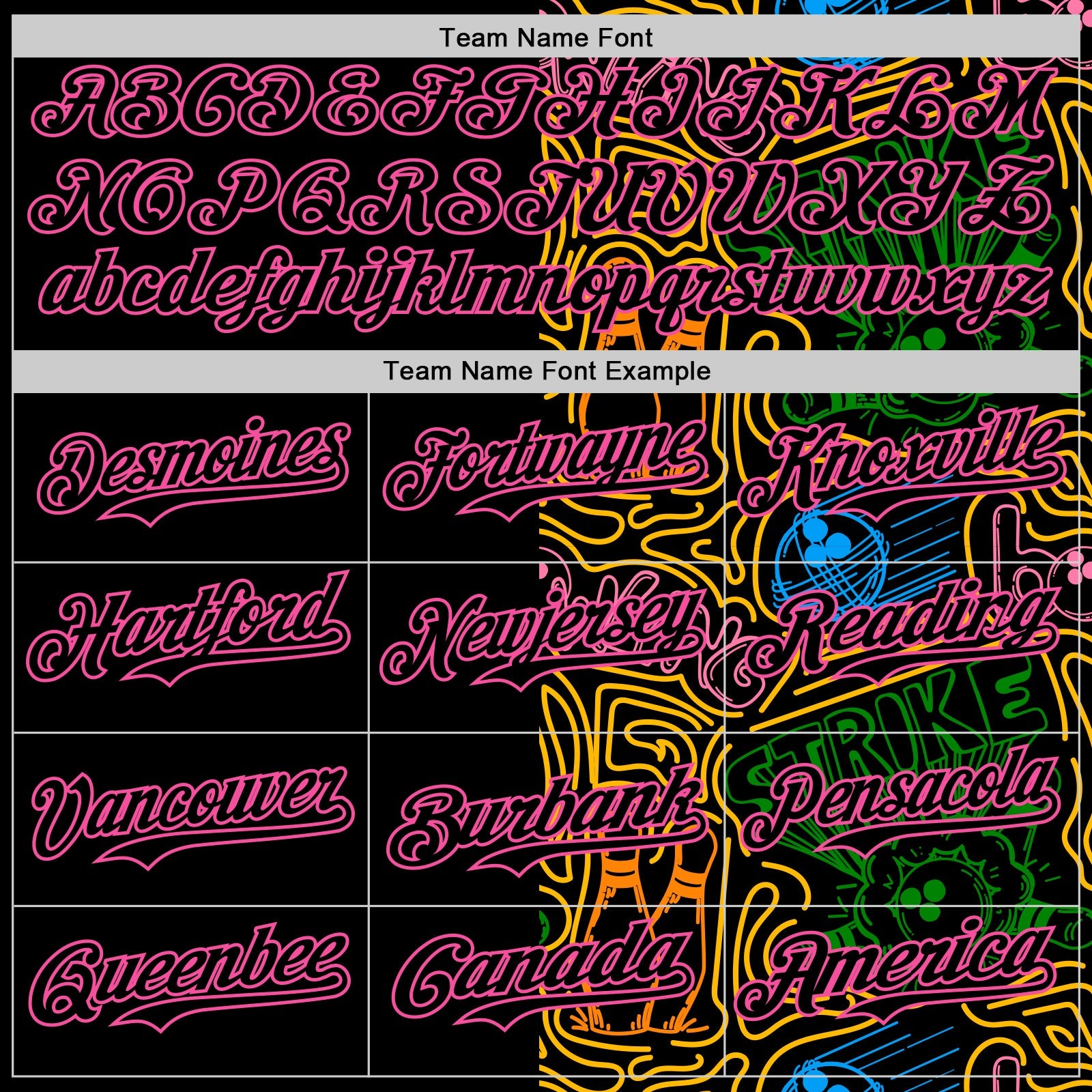 Custom Black Pink Grass Green-Gold Bowling Doodle Split Authentic Baseball Jersey view 4