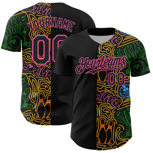 Custom Black Pink Grass Green-Gold Bowling Doodle Split Authentic Baseball Jersey - Main View
