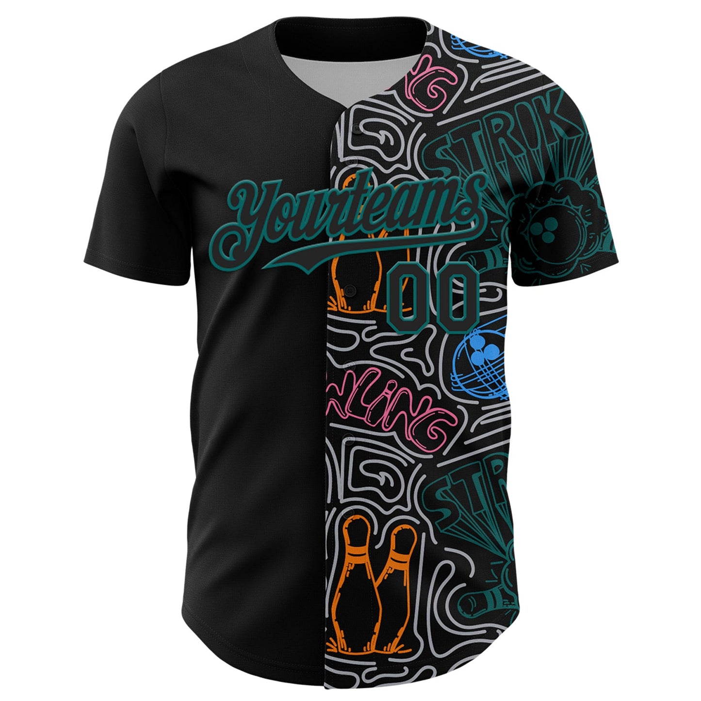 Custom Black Teal-Gray Bowling Doodle Split Authentic Baseball Jersey view 2