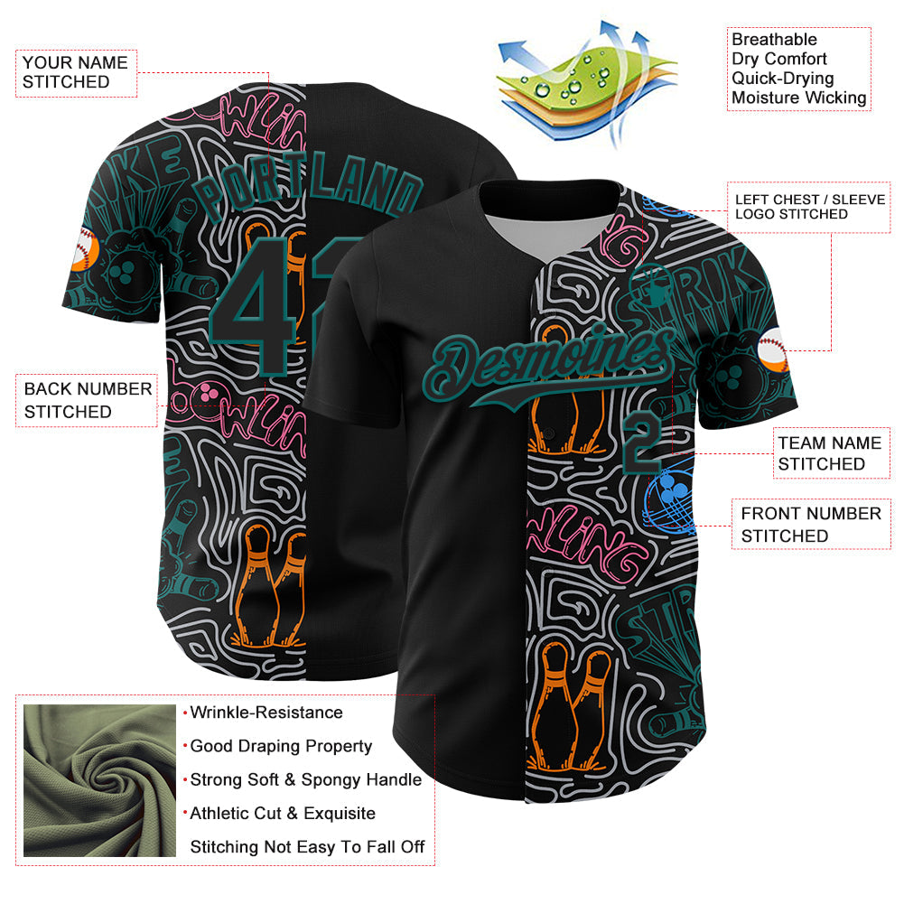 Custom Black Teal-Gray Bowling Doodle Split Authentic Baseball Jersey view 3