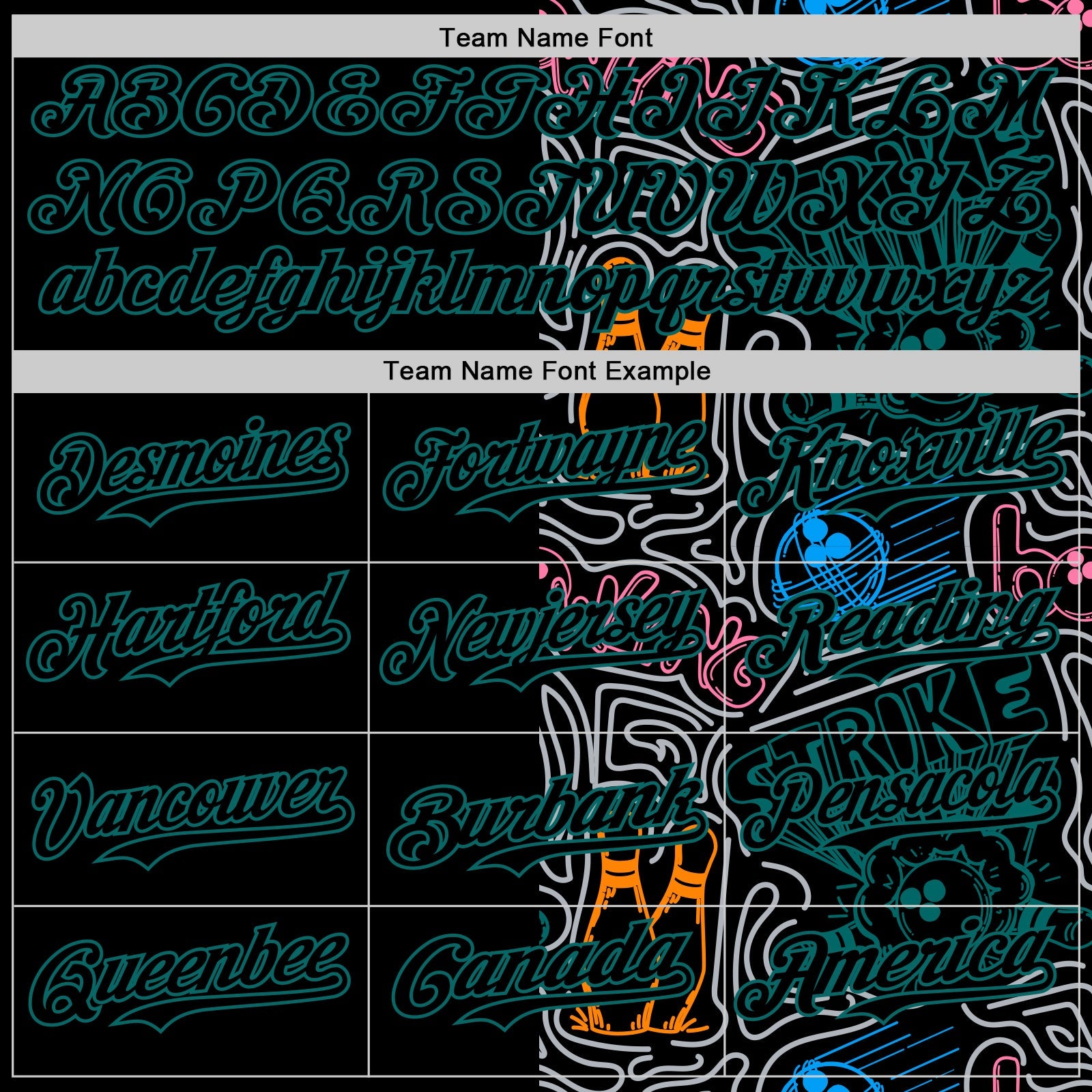 Custom Black Teal-Gray Bowling Doodle Split Authentic Baseball Jersey view 4