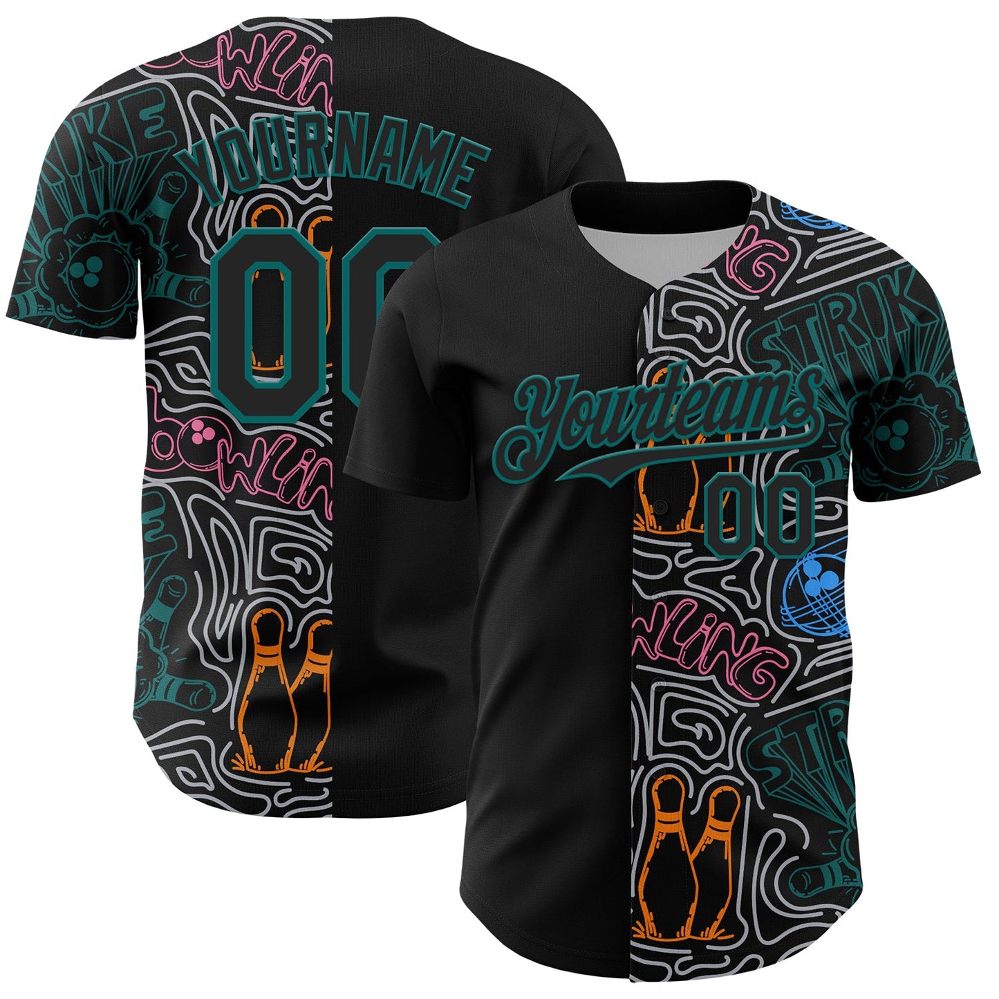 Custom Black Teal-Gray Bowling Doodle Split Authentic Baseball Jersey - Main View
