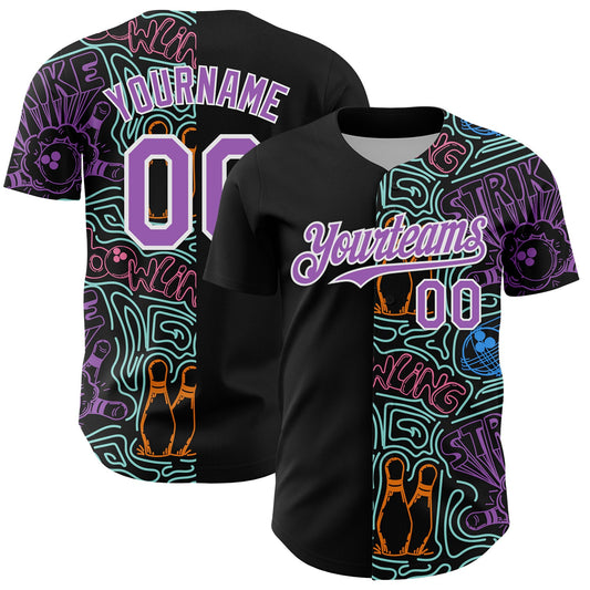 Custom Black Medium Purple White-Ice Blue Bowling Doodle Split Authentic Baseball Jersey - Main View