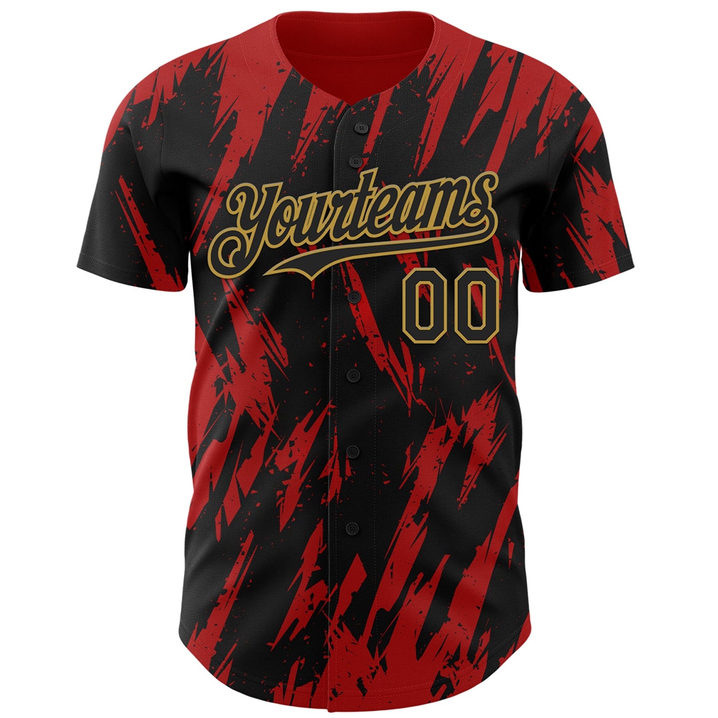 Custom Black Old Gold-Red Splatter Torn Sharp Brush Stroke Authentic Baseball Jersey view 2
