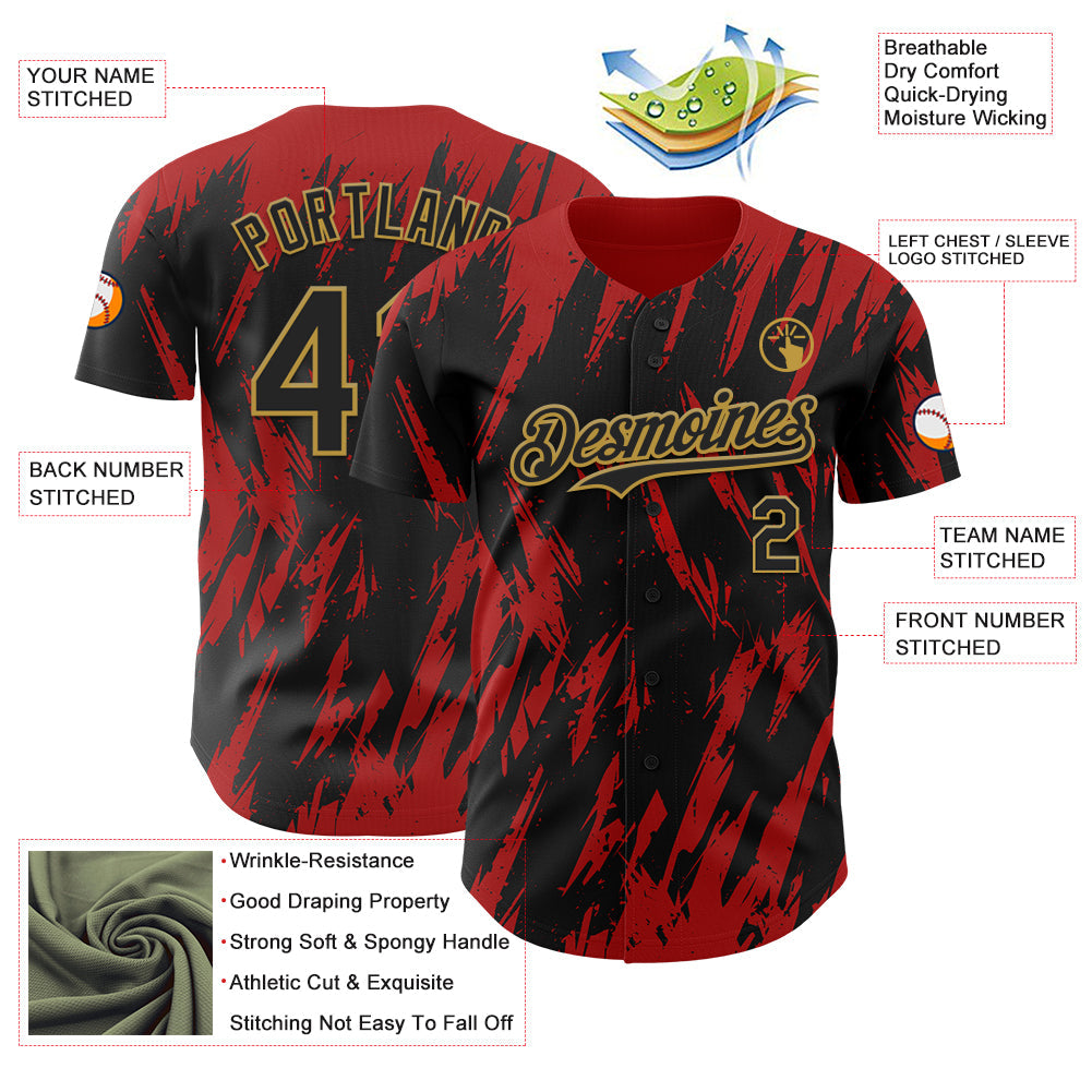 Custom Black Old Gold-Red Splatter Torn Sharp Brush Stroke Authentic Baseball Jersey view 3