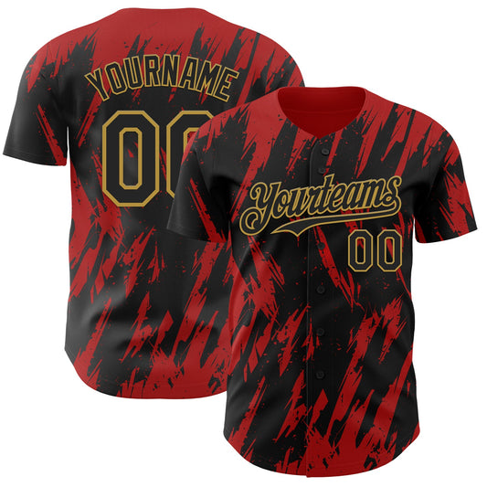 Custom Black Old Gold-Red Splatter Torn Sharp Brush Stroke Authentic Baseball Jersey - Main View