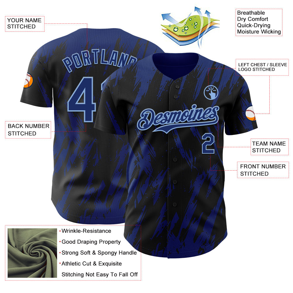 Custom Black Royal-Light Blue Splatter Torn Sharp Brush Stroke Authentic Baseball Jersey view 3