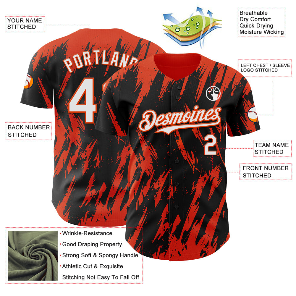 Custom Black White-Orange Splatter Torn Sharp Brush Stroke Authentic Baseball Jersey view 3