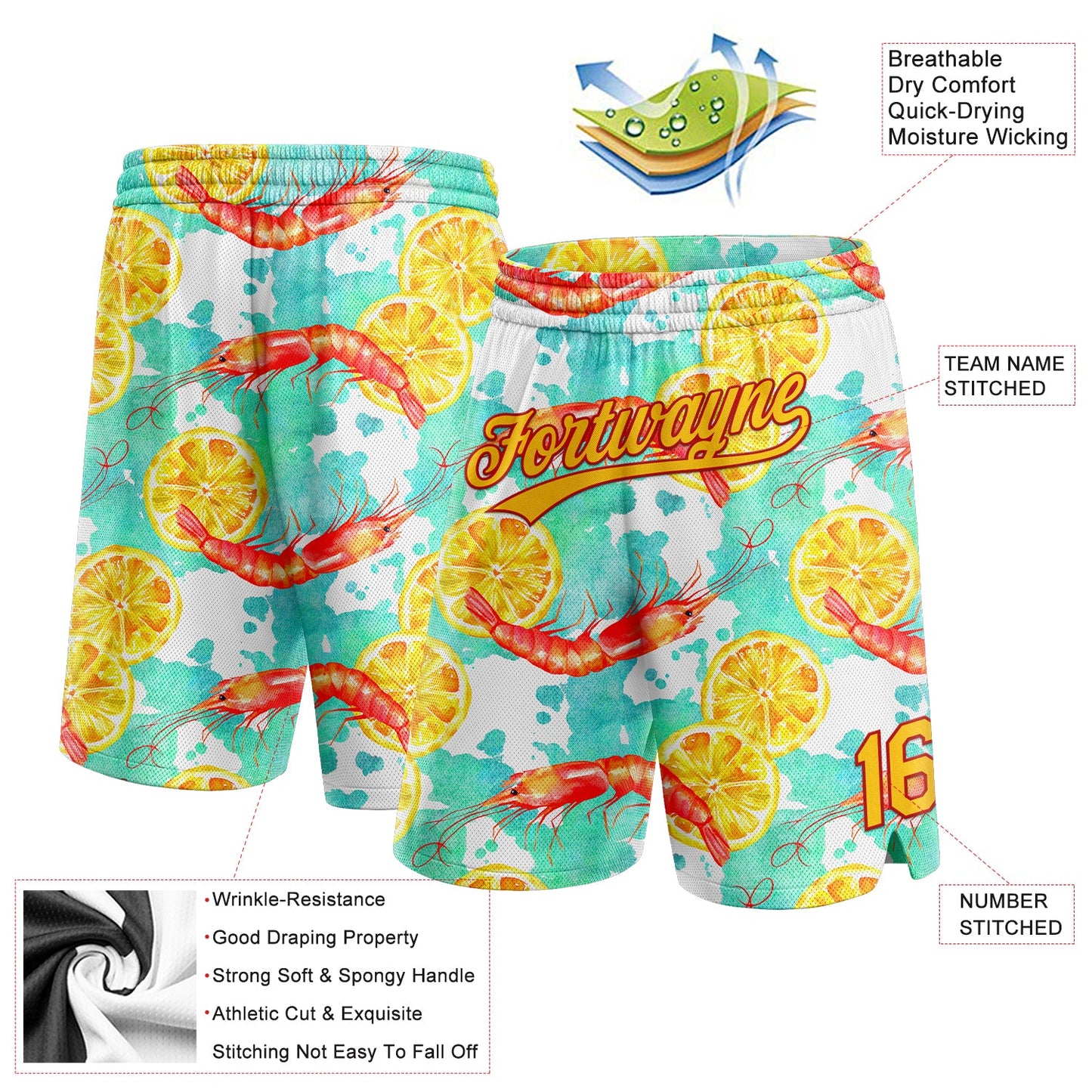 Custom White Yellow-Red 3D Pattern Lobster And Lemon Authentic Basketball Shorts view 2