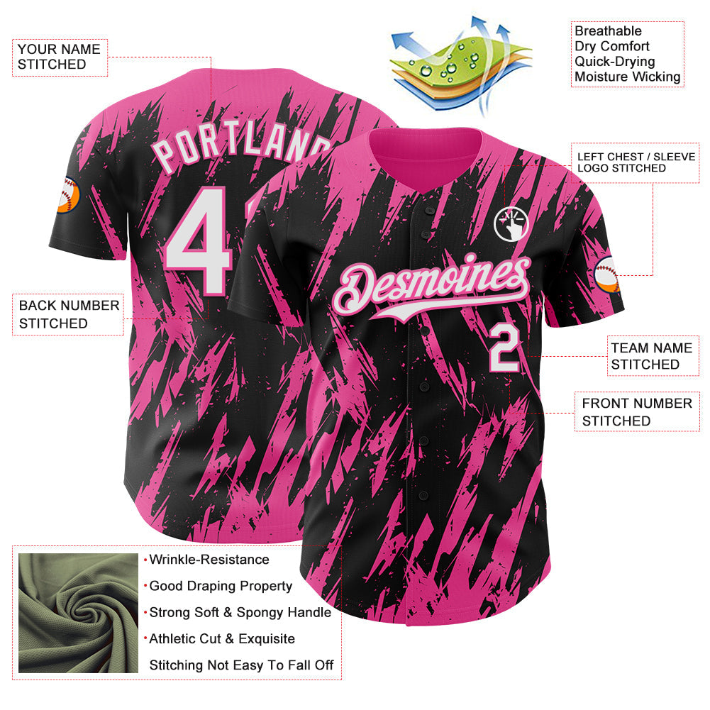 Custom Black White-Pink Splatter Torn Sharp Brush Stroke Authentic Baseball Jersey view 3
