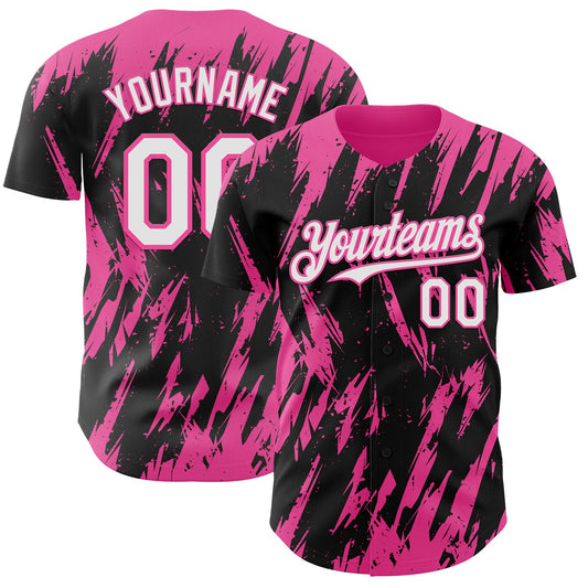 Custom Black White-Pink Splatter Torn Sharp Brush Stroke Authentic Baseball Jersey - Main View