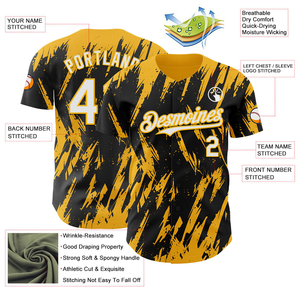 Custom Black White-Gold Splatter Torn Sharp Brush Stroke Authentic Baseball Jersey view 3