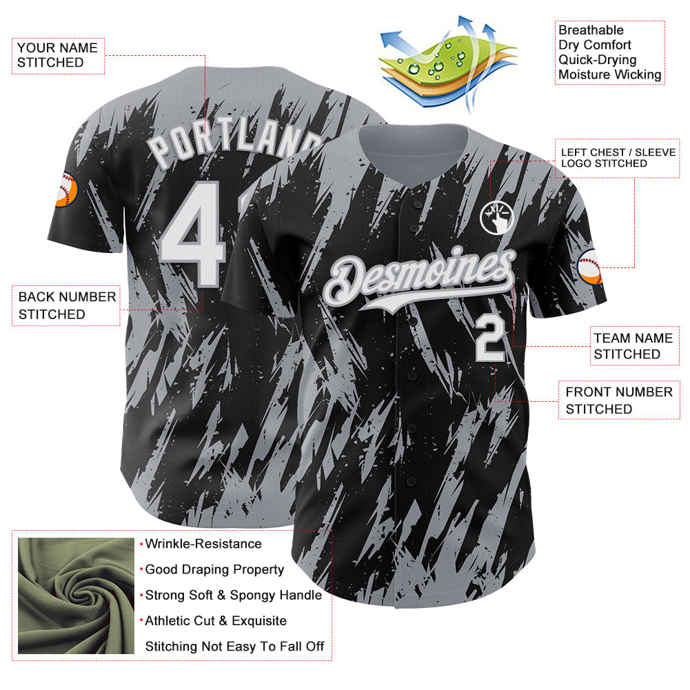 Custom Black White-Gray Splatter Torn Sharp Brush Stroke Authentic Baseball Jersey view 3