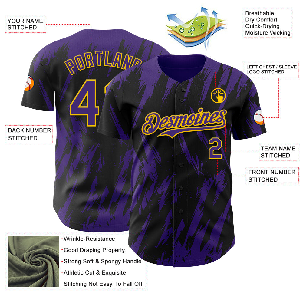 Custom Black Purple-Yellow Splatter Torn Sharp Brush Stroke Authentic Baseball Jersey view 3