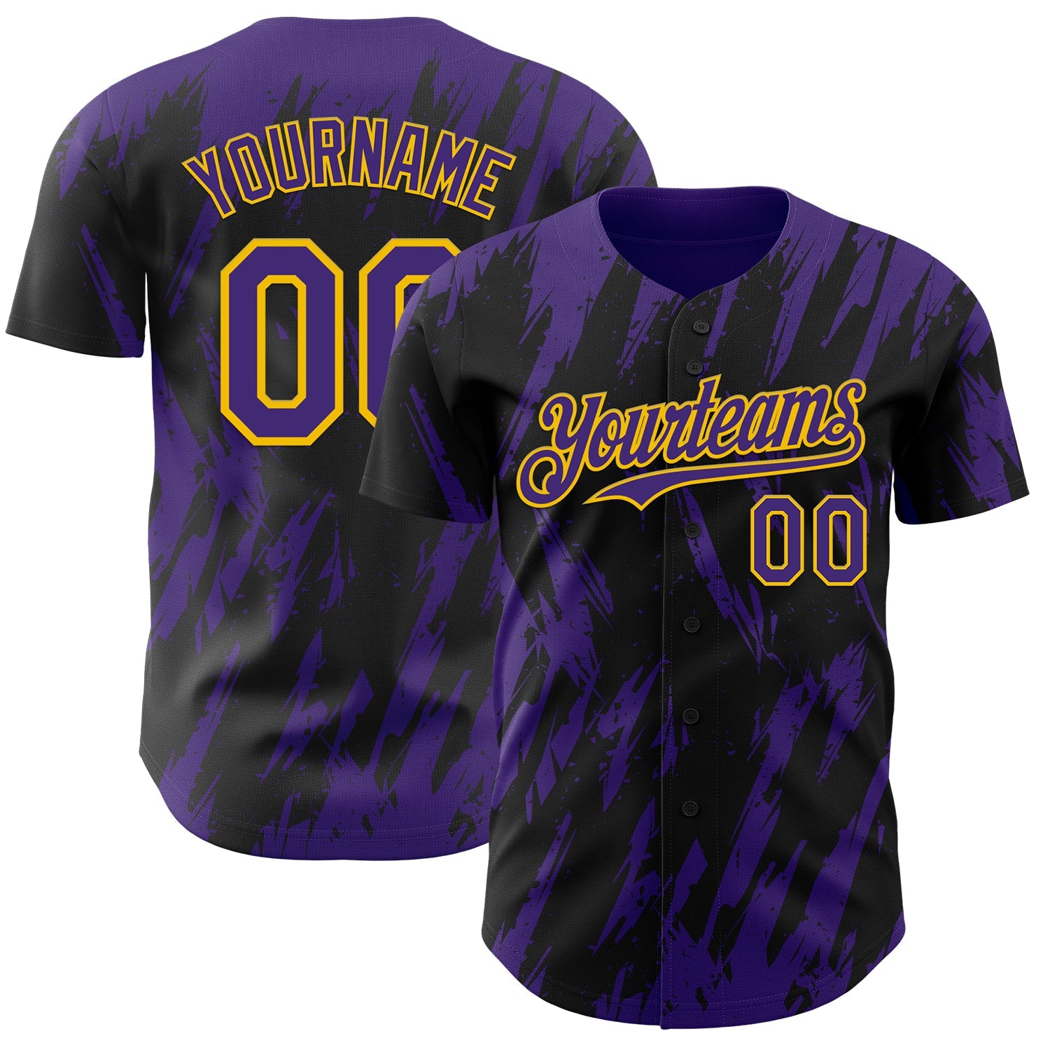 Custom Black Purple-Yellow Splatter Torn Sharp Brush Stroke Authentic Baseball Jersey - Main View