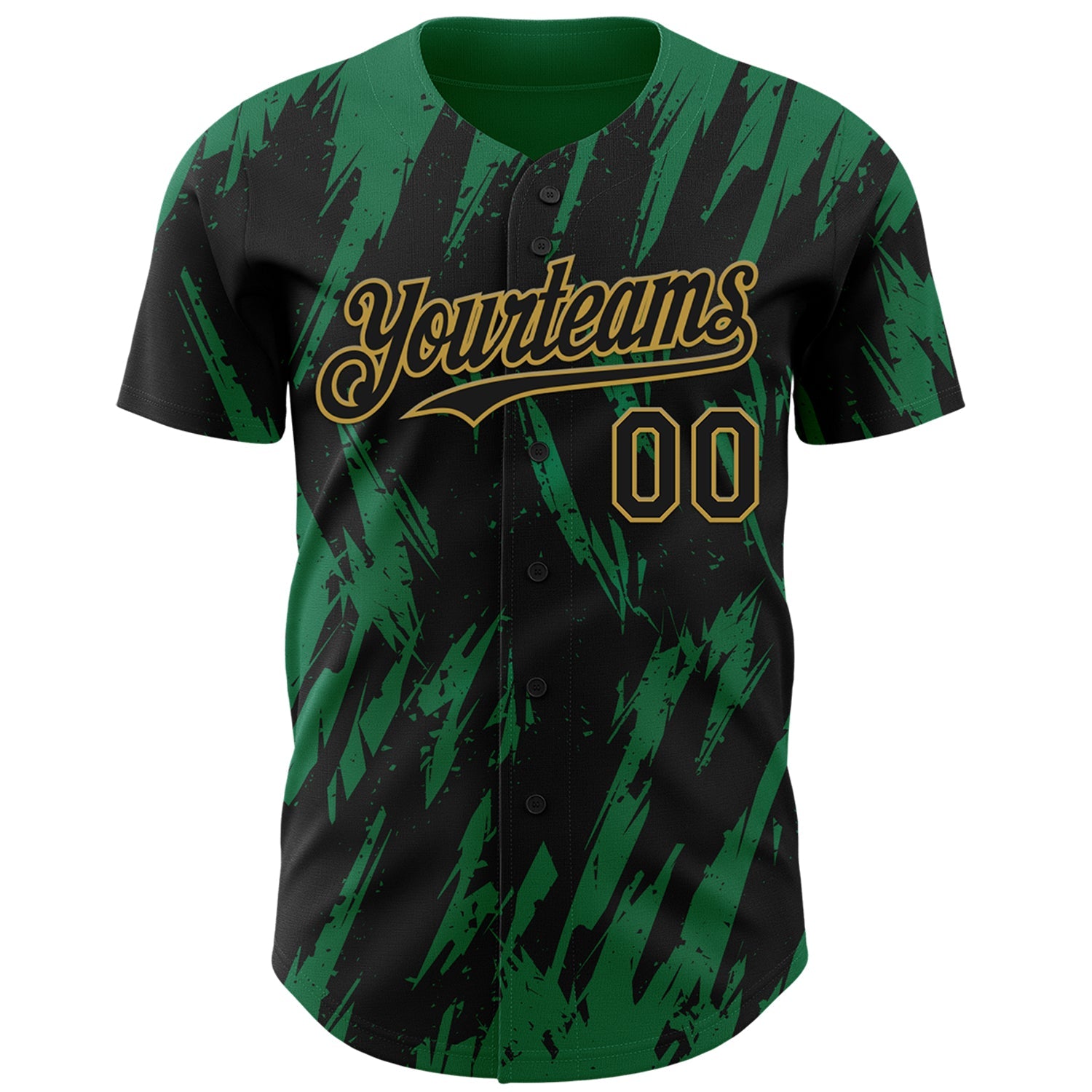 Custom Black Old Gold-Kelly Green Splatter Torn Sharp Brush Stroke Authentic Baseball Jersey view 2