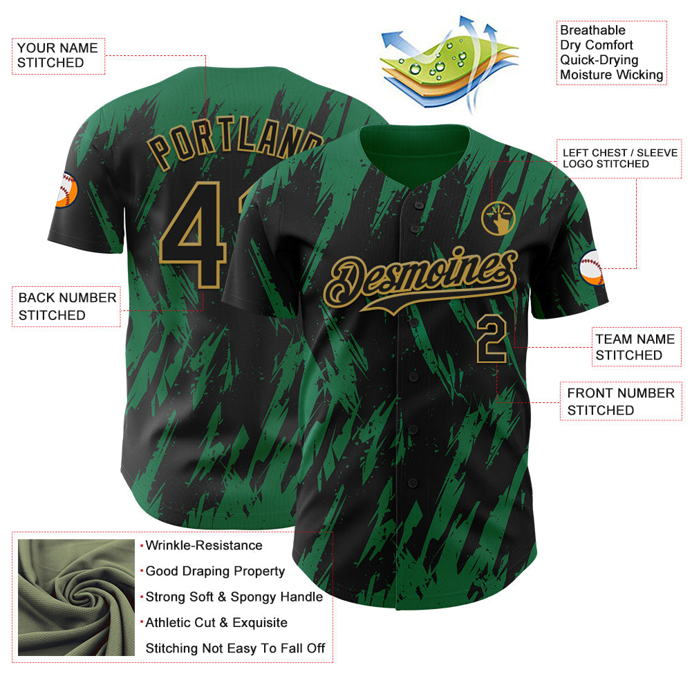 Custom Black Old Gold-Kelly Green Splatter Torn Sharp Brush Stroke Authentic Baseball Jersey view 3