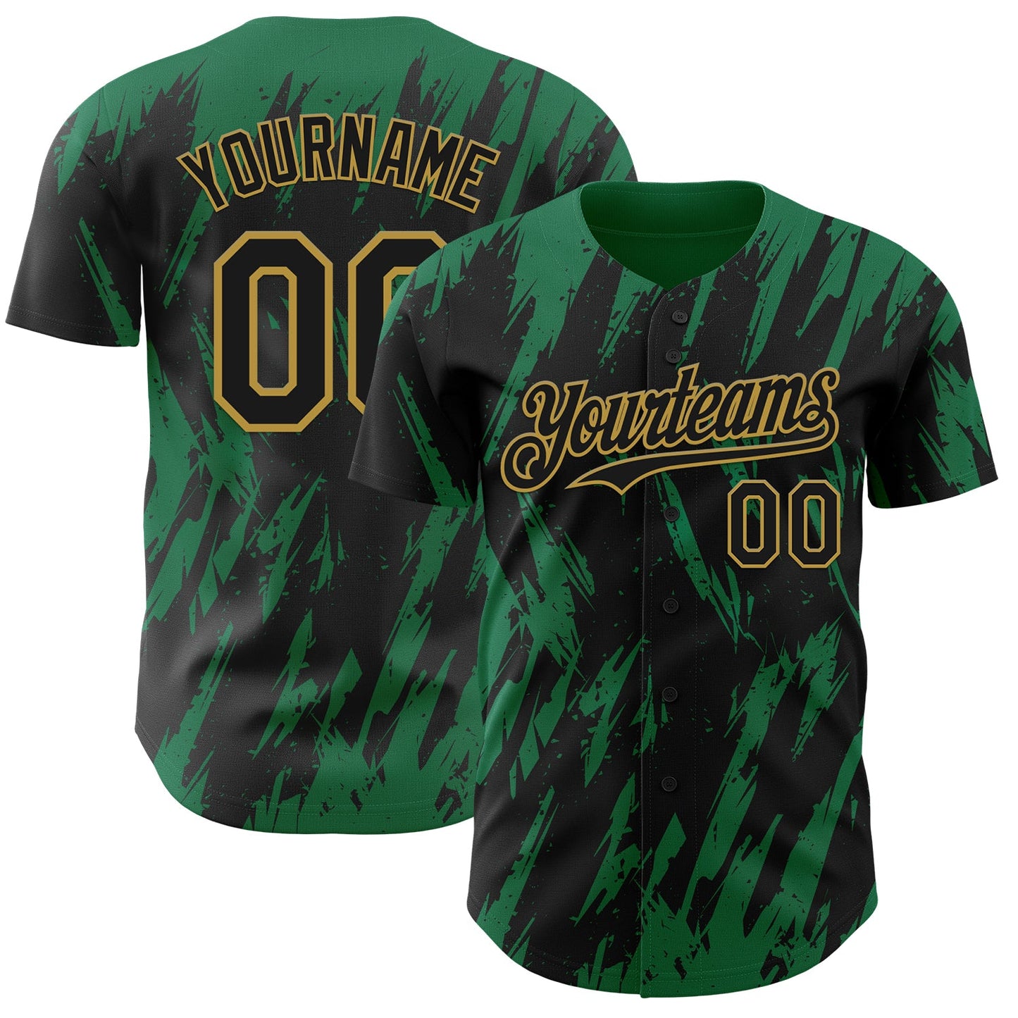 Custom Black Old Gold-Kelly Green Splatter Torn Sharp Brush Stroke Authentic Baseball Jersey - Main View