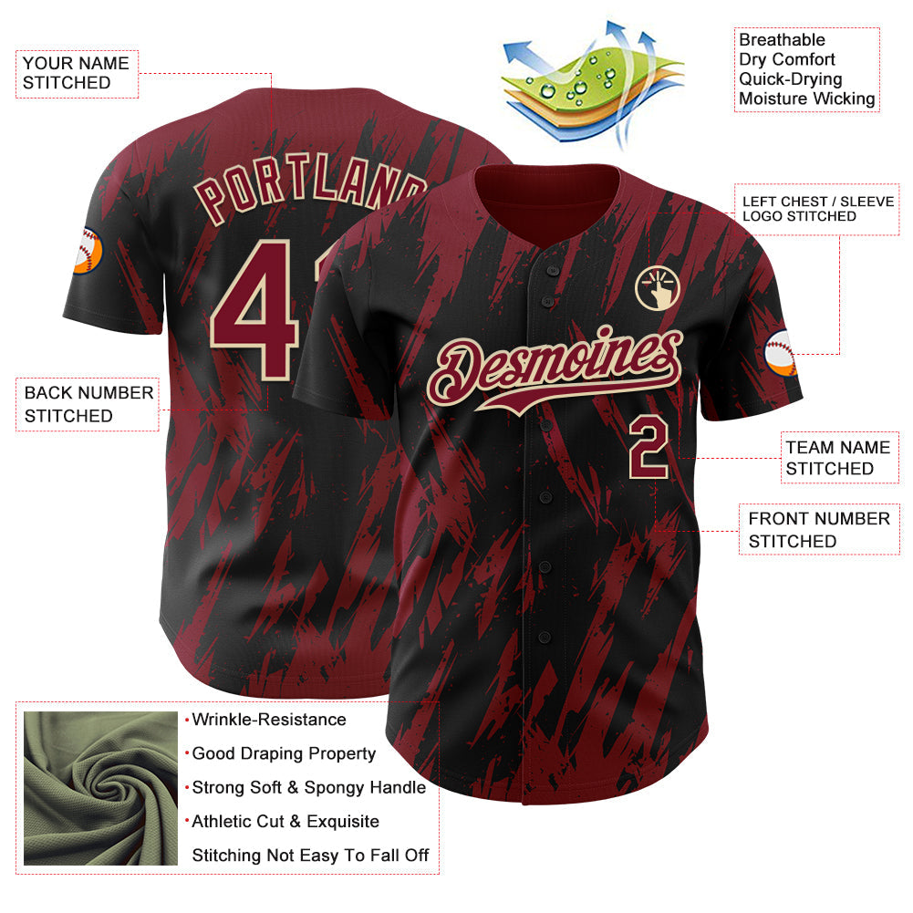 Custom Black Crimson-Cream Splatter Torn Sharp Brush Stroke Authentic Baseball Jersey view 3