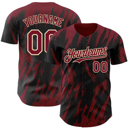 Custom Black Crimson-Cream Splatter Torn Sharp Brush Stroke Authentic Baseball Jersey - Main View