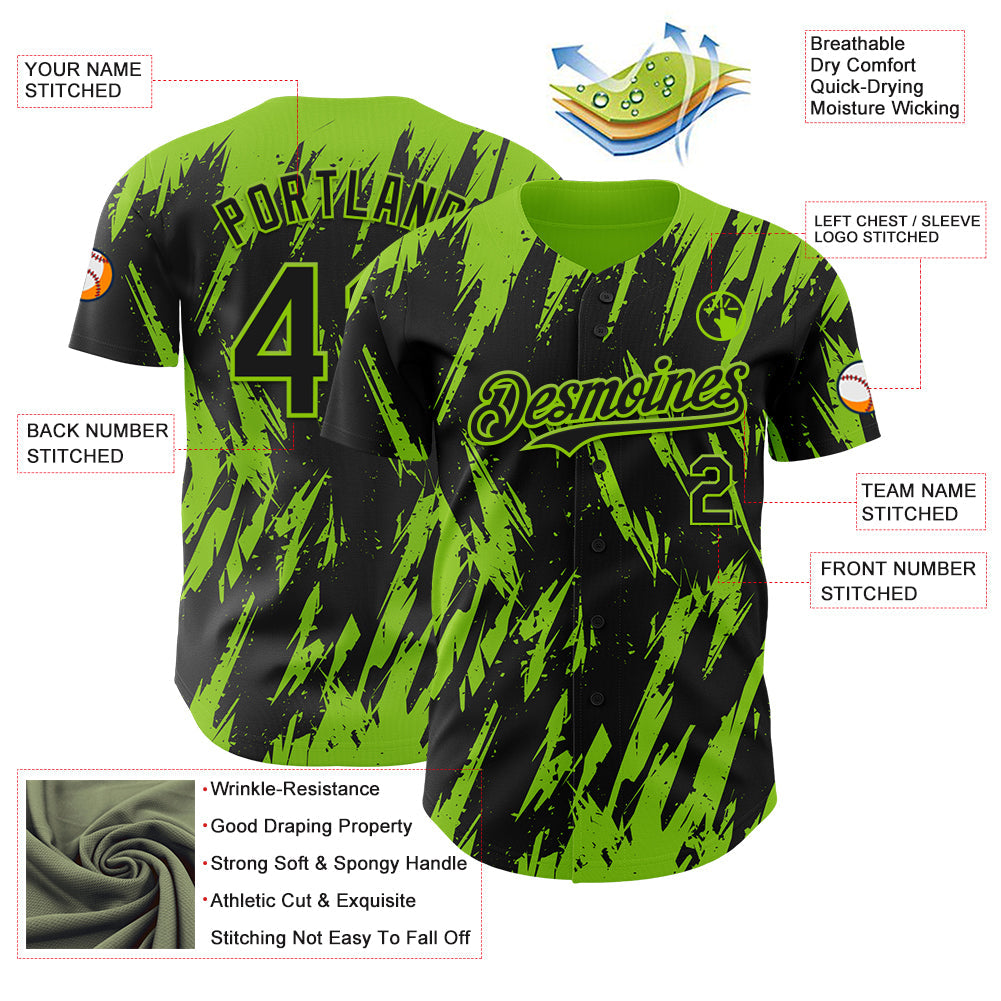 Custom Black Neon Green Splatter Torn Sharp Brush Stroke Authentic Baseball Jersey view 3