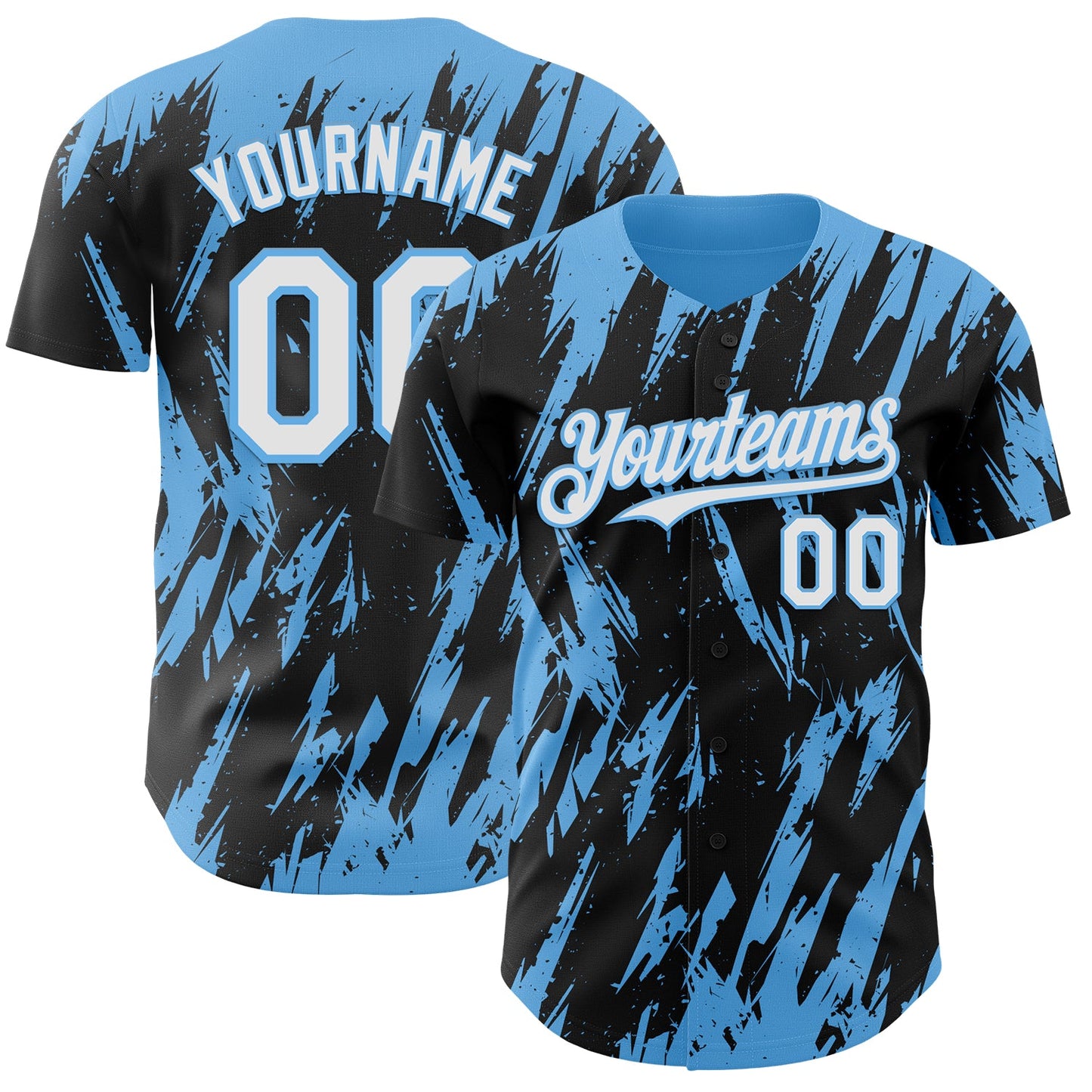 Custom Black White-Sky Blue Splatter Torn Sharp Brush Stroke Authentic Baseball Jersey - Main View
