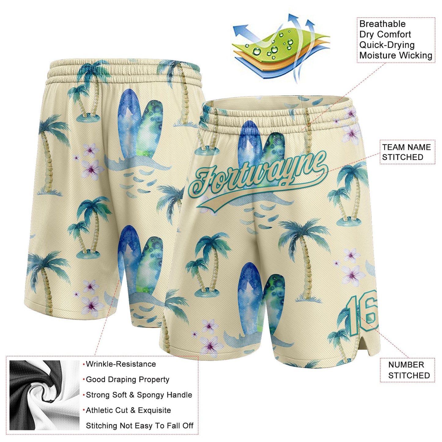 Custom City Cream Teal 3D Pattern Hawaii Coconut Palms Authentic Basketball Shorts view 2