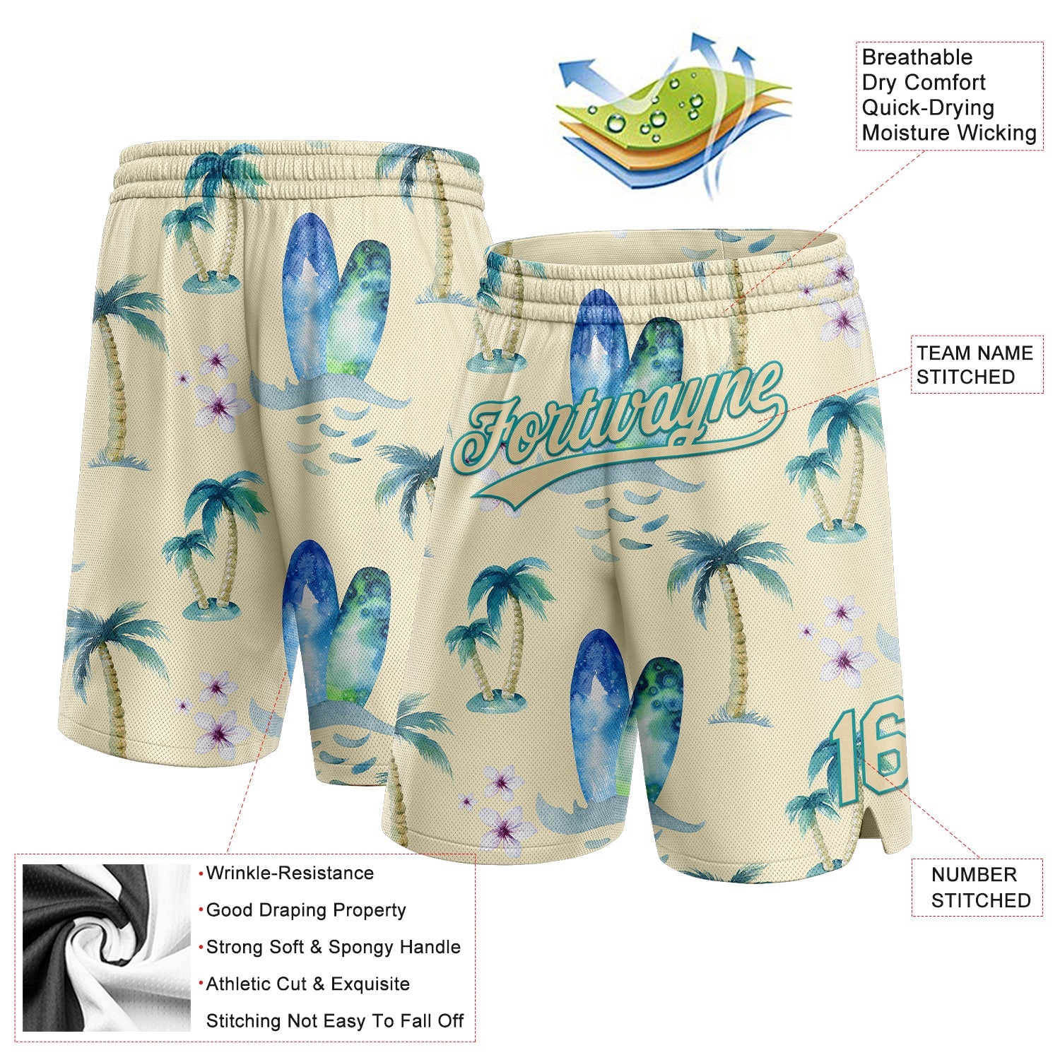 Custom City Cream Teal 3D Pattern Hawaii Coconut Palms Authentic Basketball Shorts view 2