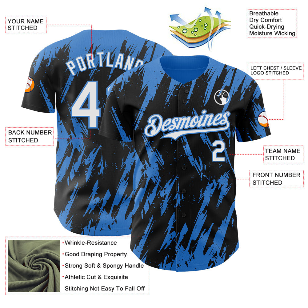 Custom Black White-Powder Blue Splatter Torn Sharp Brush Stroke Authentic Baseball Jersey view 3