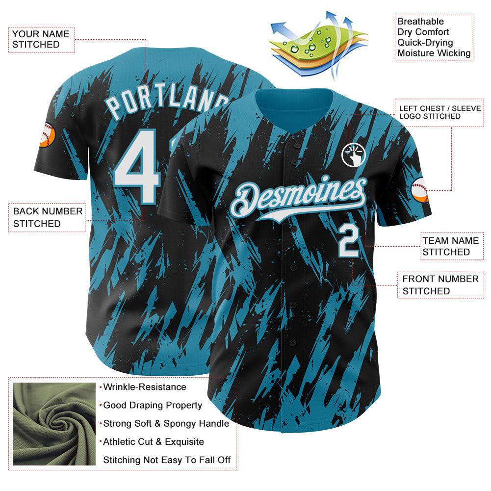 Custom Black White-Panther Blue Splatter Torn Sharp Brush Stroke Authentic Baseball Jersey view 3