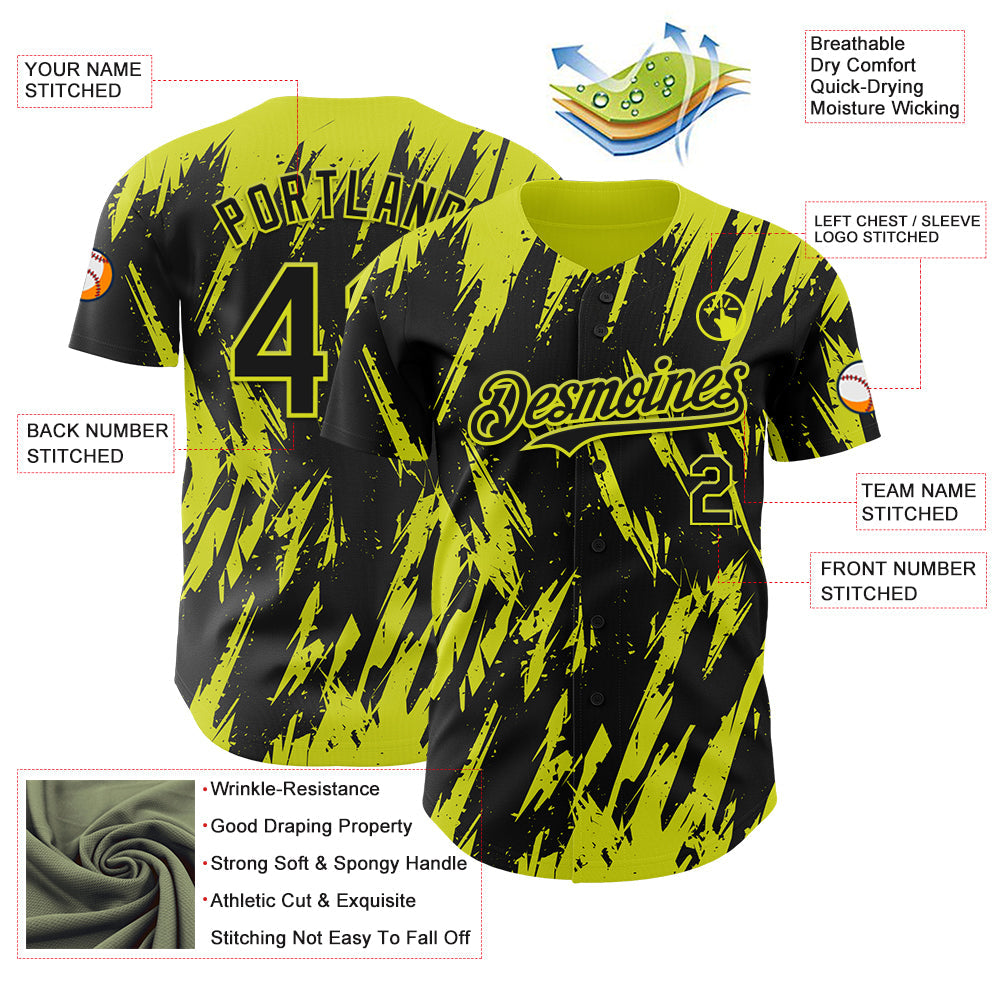 Custom Black Neon Yellow Splatter Torn Sharp Brush Stroke Authentic Baseball Jersey view 3