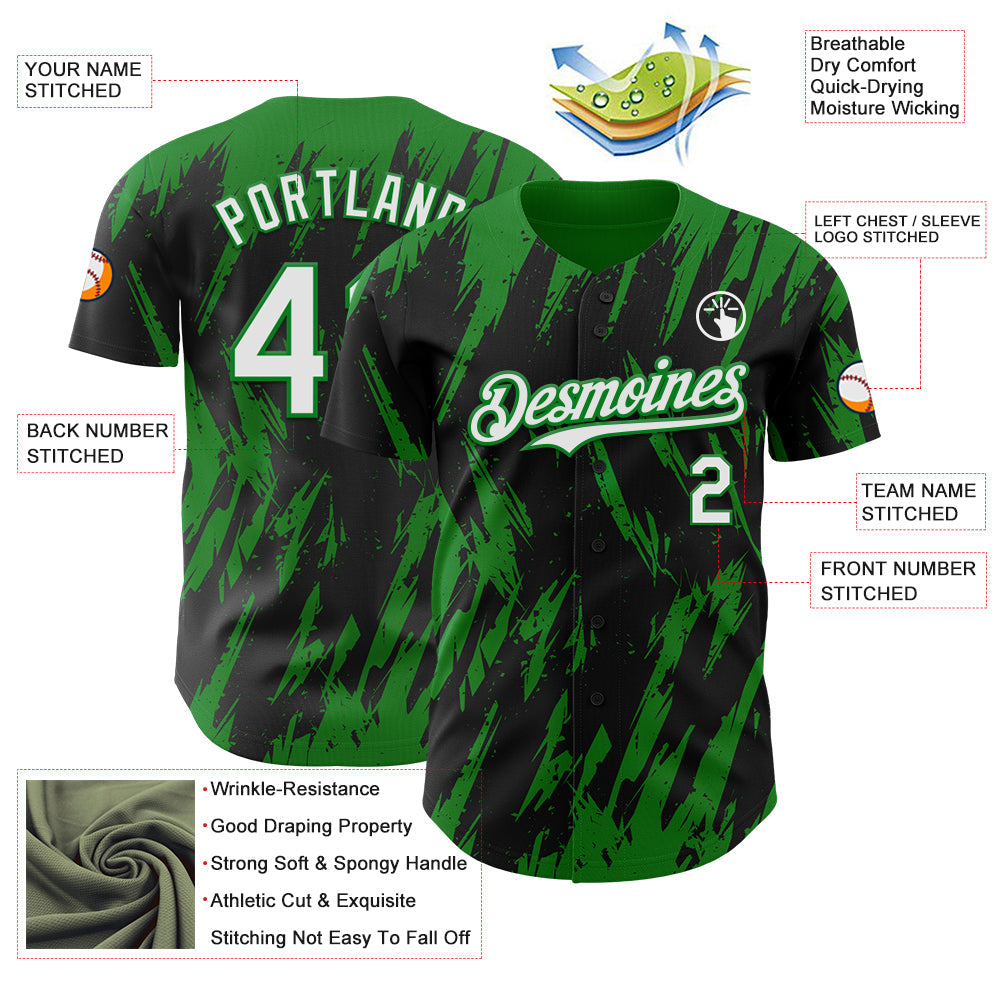 Custom Black White-Grass Green Splatter Torn Sharp Brush Stroke Authentic Baseball Jersey view 3