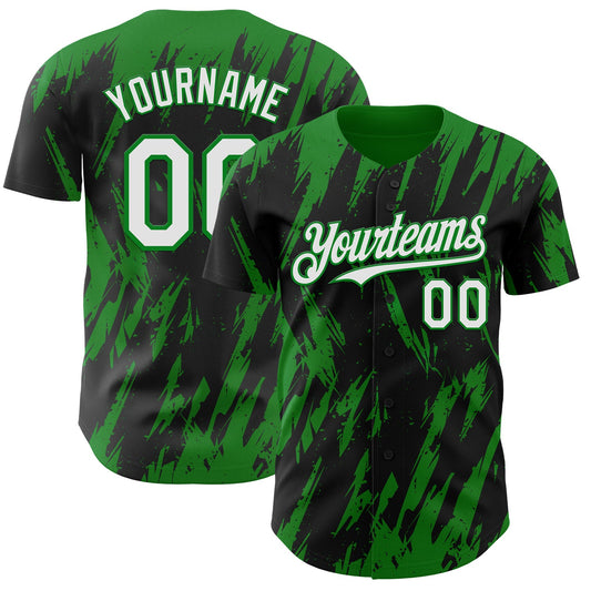 Custom Black White-Grass Green Splatter Torn Sharp Brush Stroke Authentic Baseball Jersey - Main View