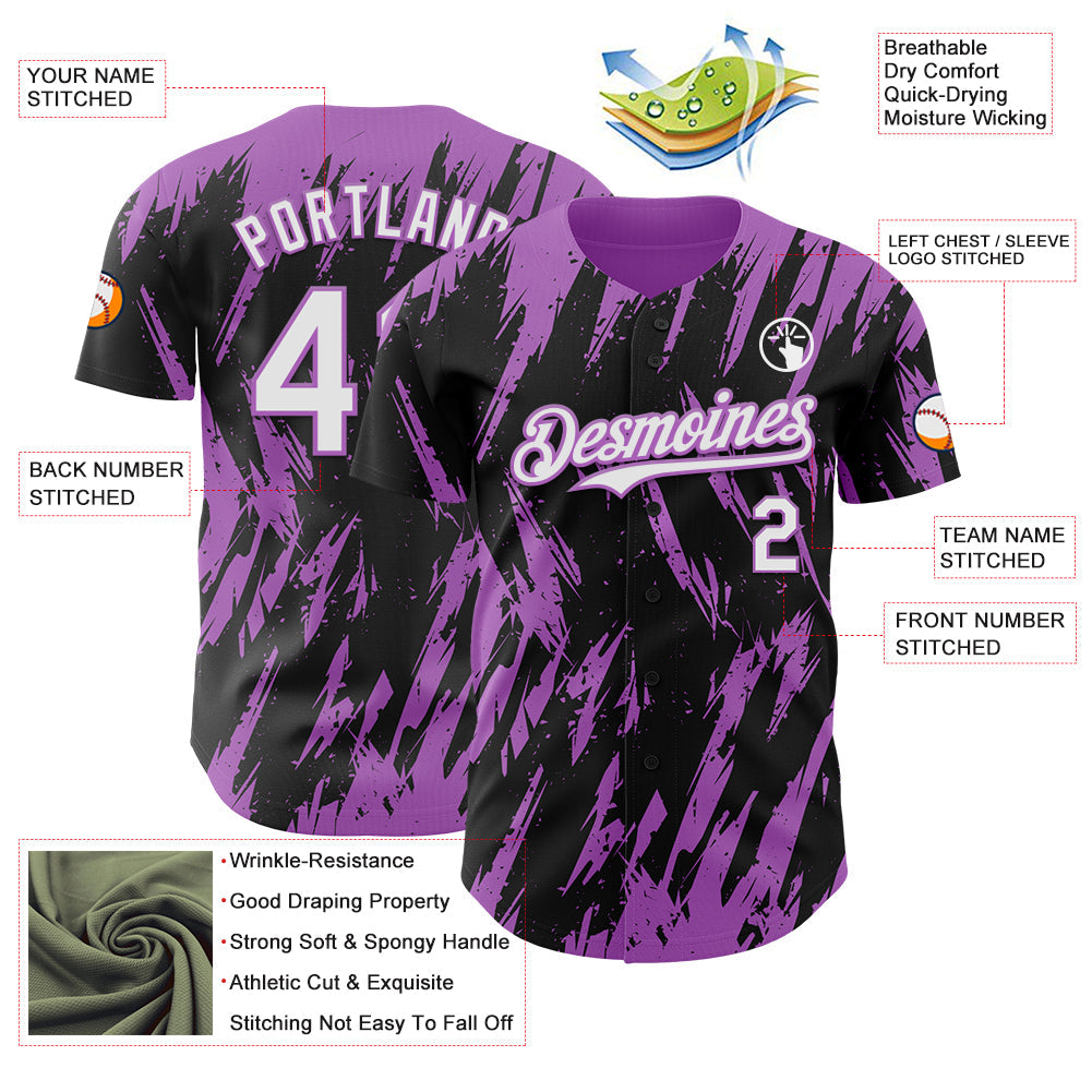 Custom Black White-Medium Purple Splatter Torn Sharp Brush Stroke Authentic Baseball Jersey view 3