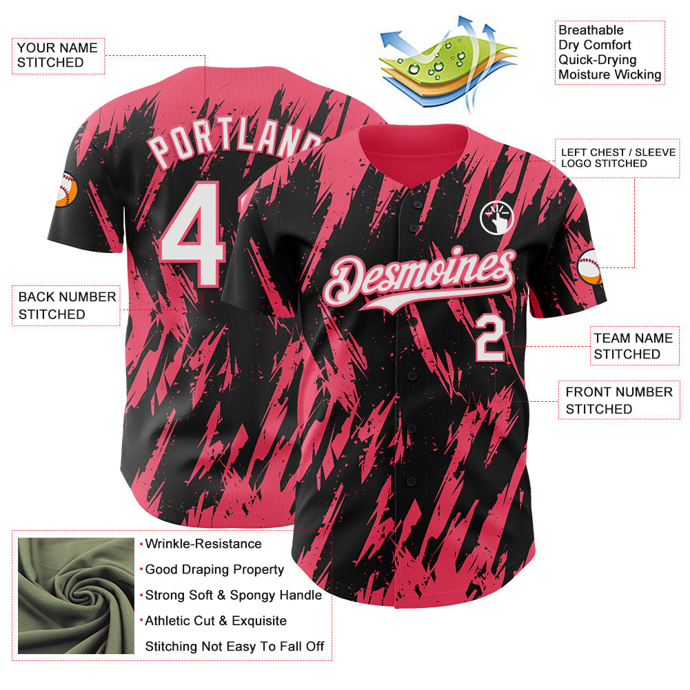 Custom Black White-Neon Pink Splatter Torn Sharp Brush Stroke Authentic Baseball Jersey view 3