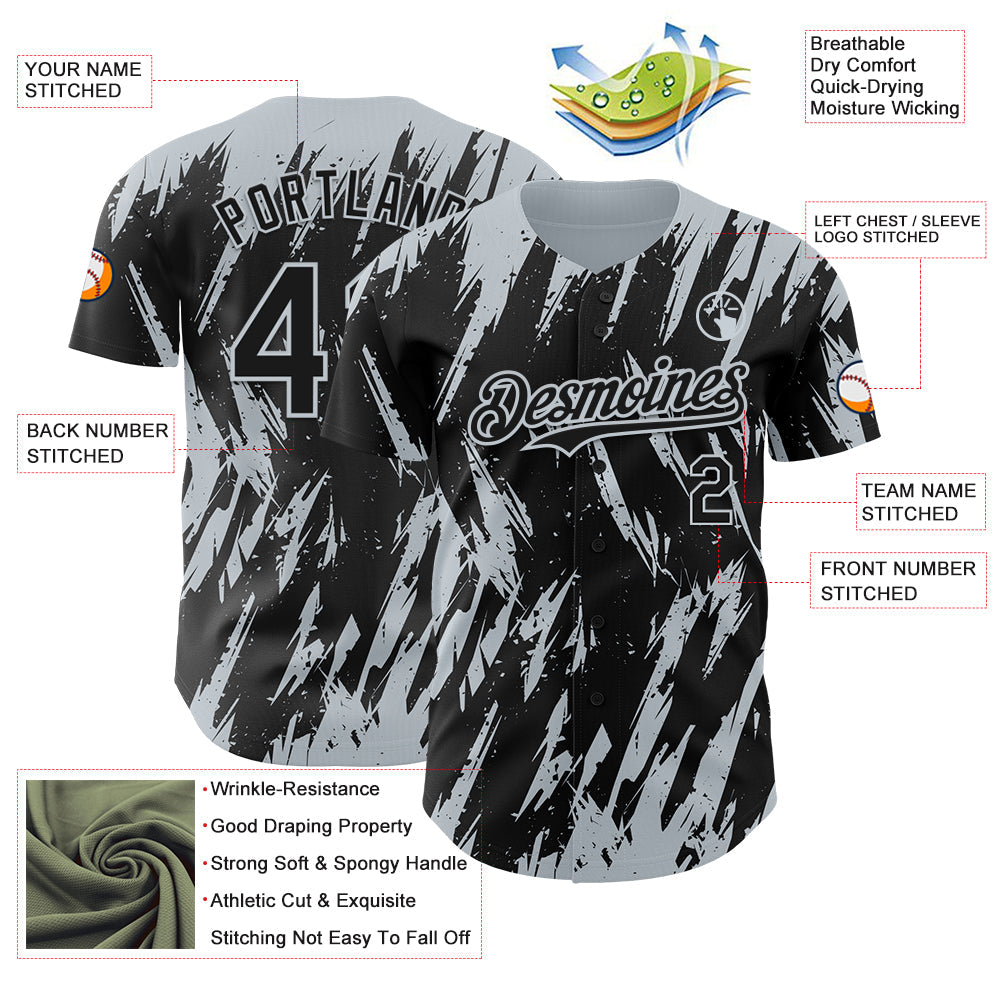 Custom Black Silver Splatter Torn Sharp Brush Stroke Authentic Baseball Jersey view 3