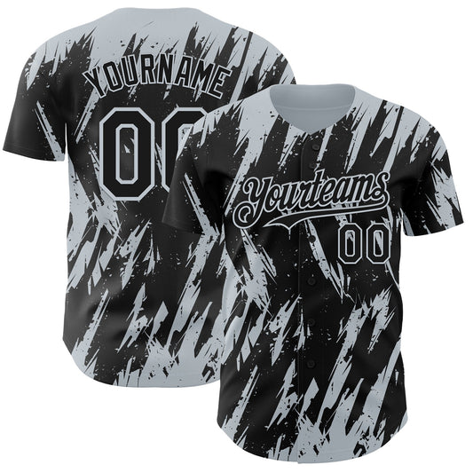 Custom Black Silver Splatter Torn Sharp Brush Stroke Authentic Baseball Jersey - Main View