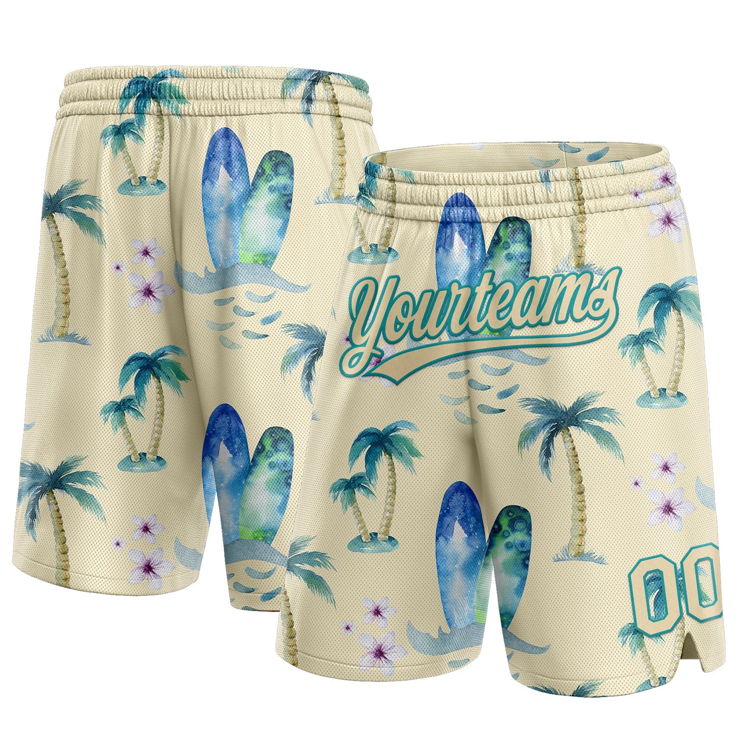 Custom City Cream Teal 3D Pattern Hawaii Coconut Palms Authentic Basketball Shorts - Main View