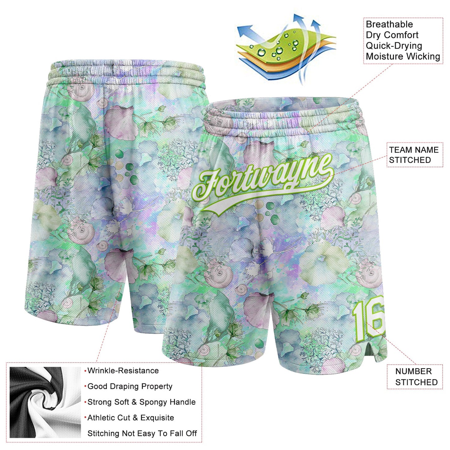 Custom White Aurora Green 3D Pattern Aquatic Plants And Conch Authentic Basketball Shorts view 2