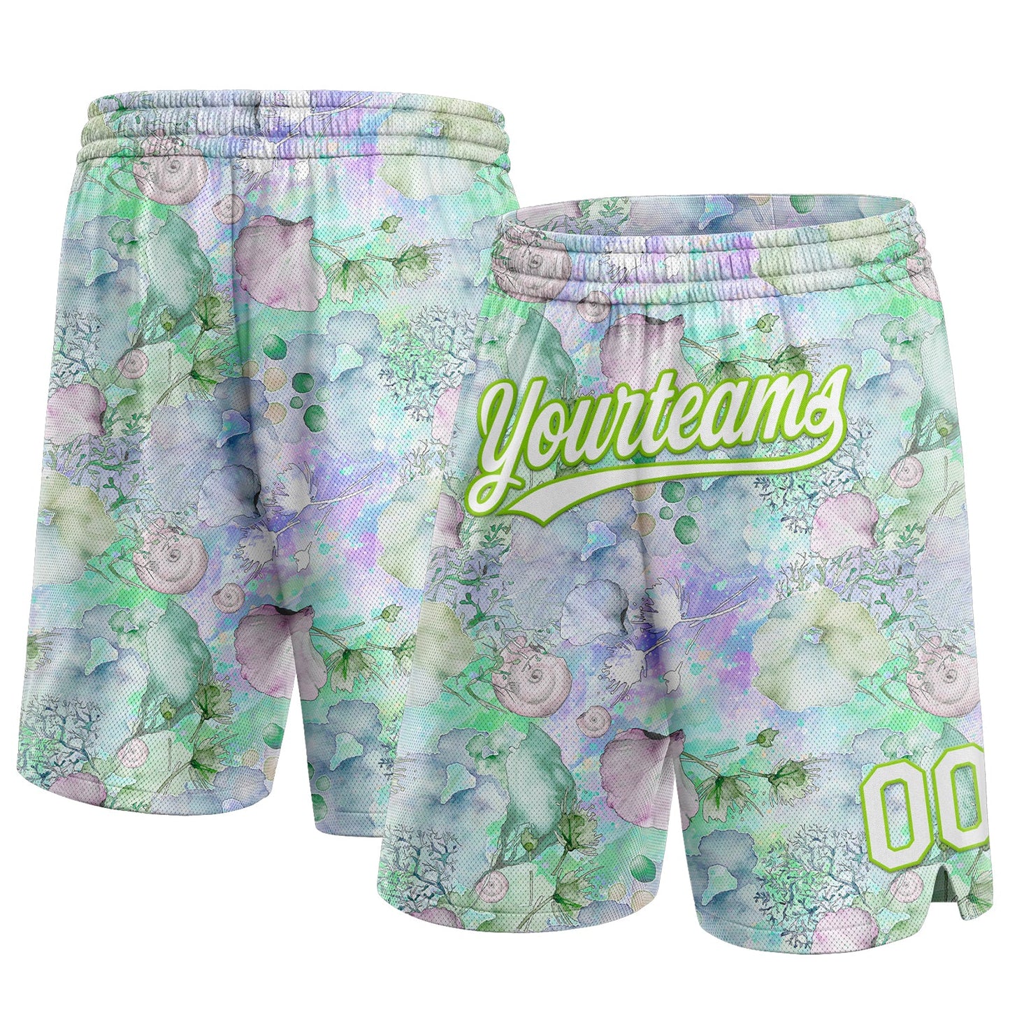 Custom White Aurora Green 3D Pattern Aquatic Plants And Conch Authentic Basketball Shorts - Main View
