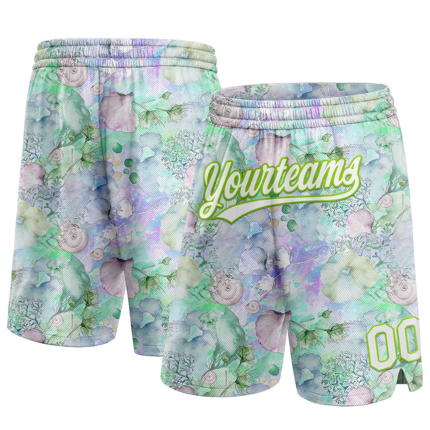 Custom White Aurora Green 3D Pattern Aquatic Plants And Conch Authentic Basketball Shorts - Main View