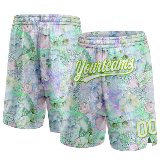 Custom White Aurora Green 3D Pattern Aquatic Plants And Conch Authentic Basketball Shorts - Main View