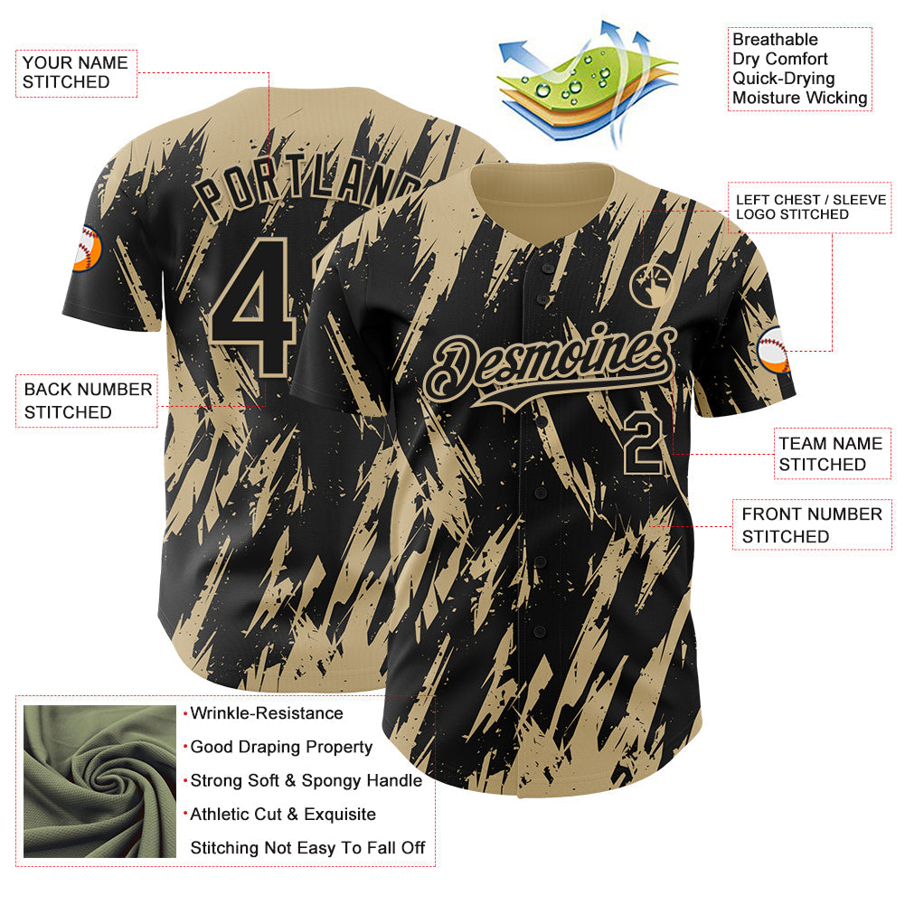 Custom Black Vegas Gold Splatter Torn Sharp Brush Stroke Authentic Baseball Jersey view 3