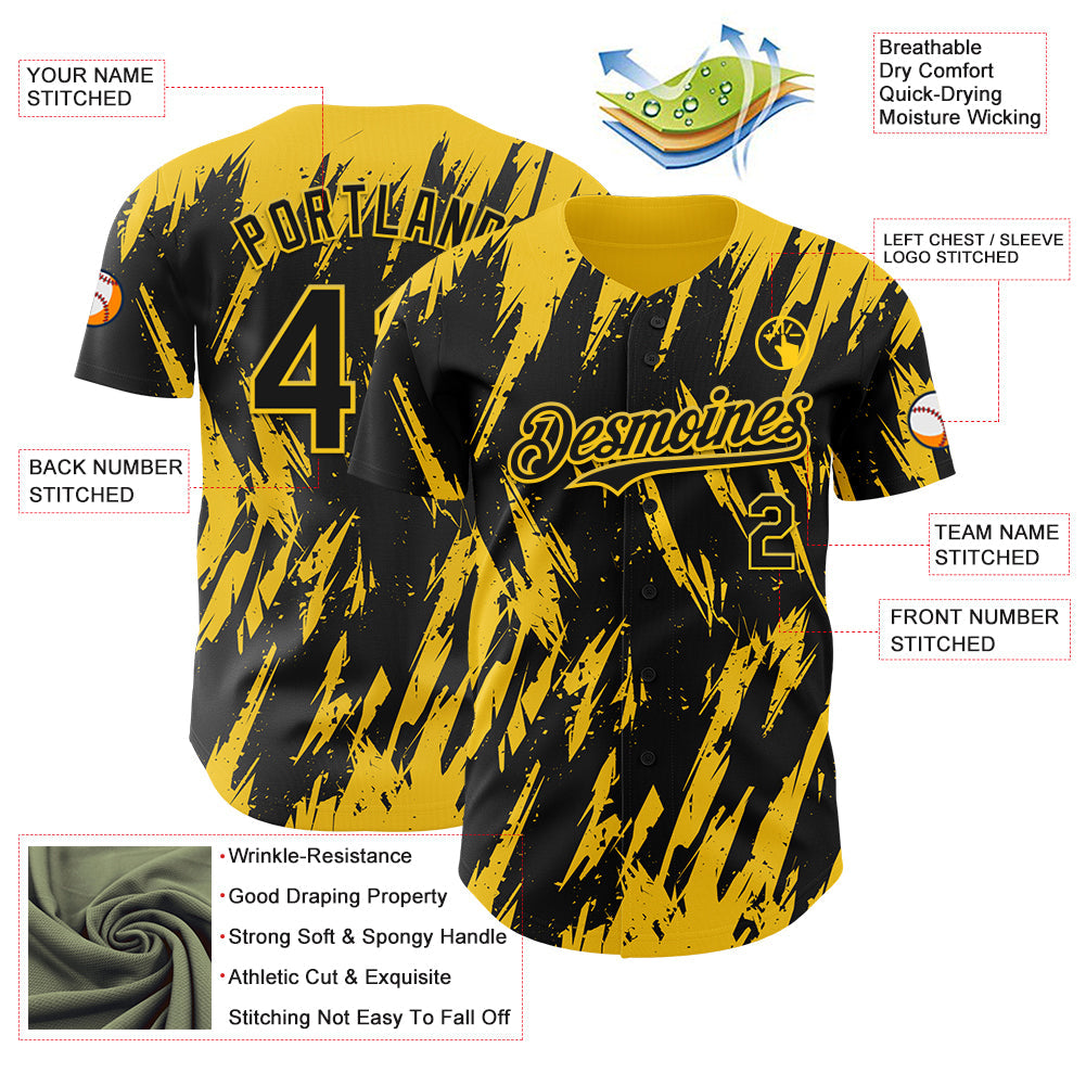 Custom Black Yellow Splatter Torn Sharp Brush Stroke Authentic Baseball Jersey view 3