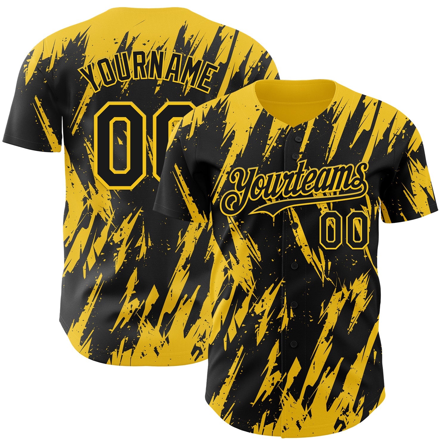 Custom Black Yellow Splatter Torn Sharp Brush Stroke Authentic Baseball Jersey - Main View